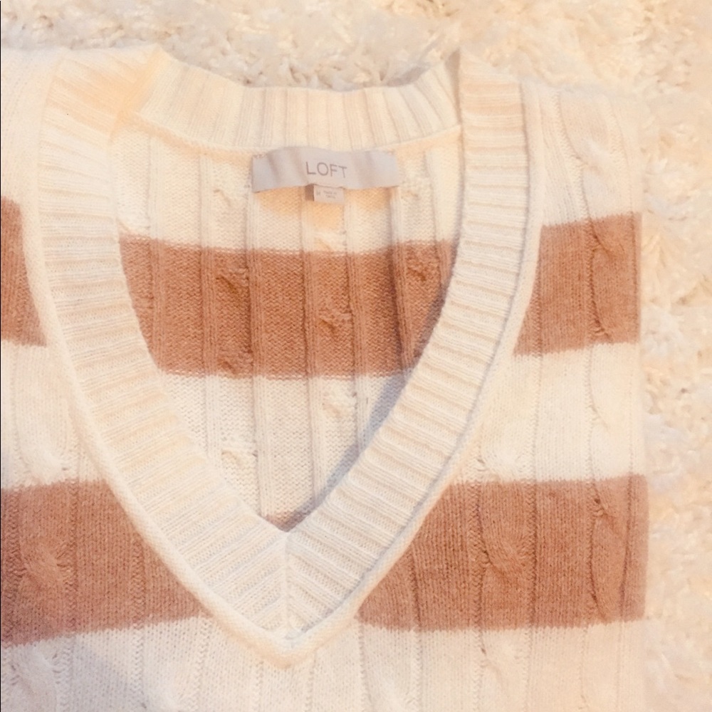 LOFT White  & Camel Striped VNeck Sweater